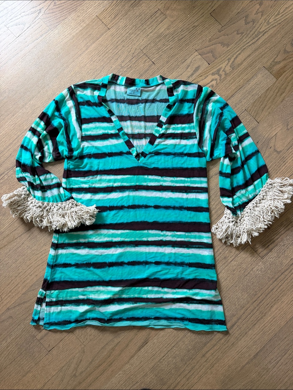 Striped V-Neck Swim Tunic with Fringe Sleeves - Teal & White